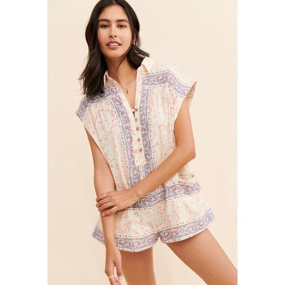 Free People Pants - Free People Boho Relaxed Floral Cream Pink & Blue Telly Romper Size Medium